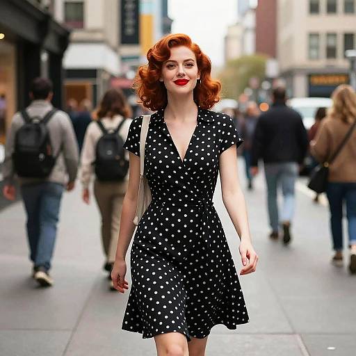 Photograph of a red-haired woman with vintage curls, wearing a black polka dot dress, red lipstick, walking in a bustling city street. Bl