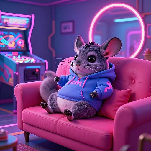 Digital art of a cute, gray-furred, cartoon mouse with large ears, wearing a blue 