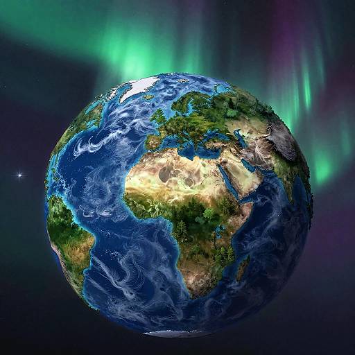 Photorealistic CGI of Earth with vibrant green auroras in space, showcasing detailed continents, oceans, and swirling cloud patterns.