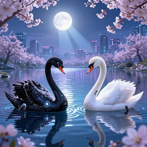 Digital artwork of a black swan with glowing blue eyes and a white swan with an orange beak, facing each other in a moonlit,