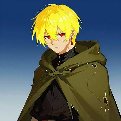 Digital anime-style drawing of a blonde-haired male with red eyes, wearing a green hooded cloak over a black shirt, against a gradient blue background.