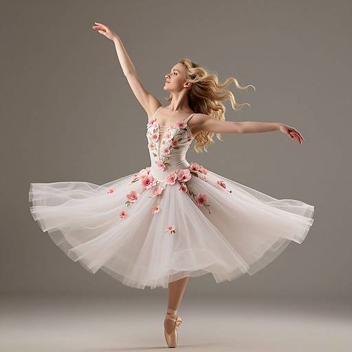 Photograph of a blonde ballerina in a white floral tutu, gracefully dancing on pointe with arms raised against a gray background.