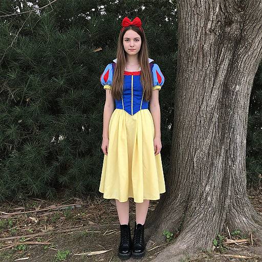 Photograph of a young Caucasian woman with long brown hair, wearing a Snow White costume, red bow, blue bodice, yellow skirt, black boots