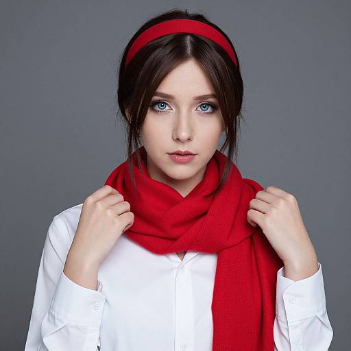 Photograph of a fair-skinned, blue-eyed woman with dark brown hair, wearing a red headband and scarf, white shirt, against a gray