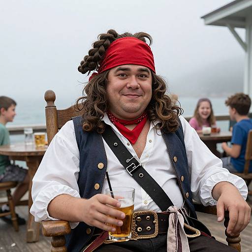 Photograph of a chubby man with curly hair, red bandana, white shirt, black vest, and belt, holding a beer, seated outdoors at