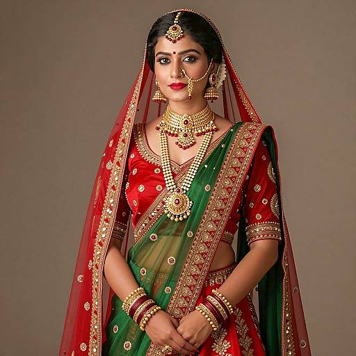 Indian Woman in Traditional Red and Green Lehenga
