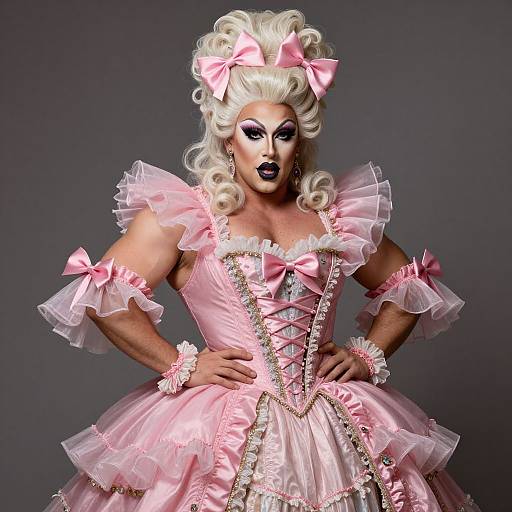 Photograph of a muscular, light-skinned person with platinum blonde, curly hair, wearing a pink, frilled, Victorian-style dress with bows and