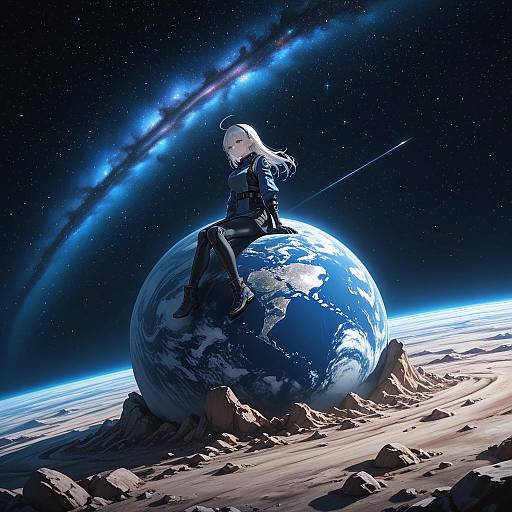 Girl Sitting on Earth in Space