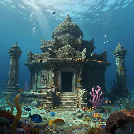 Ancient Sunken Temple in Tropical Lagoon