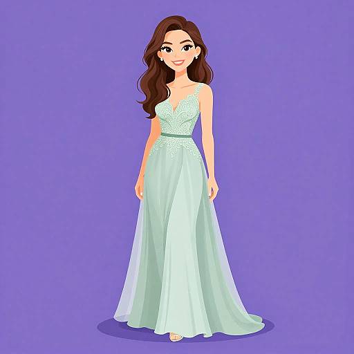 Digital illustration of a smiling woman with long brown hair, wearing a strapless, white, lace-embellished, floor-length gown, standing against