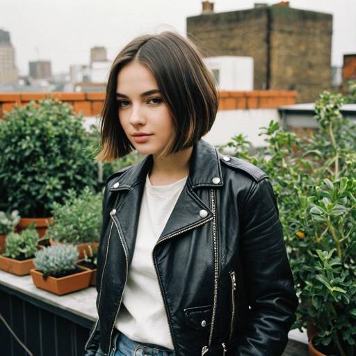 Young Woman with Jaw-Length Bob and Leather Jacket on Rooftop Garden