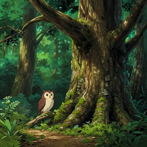 Digital illustration of a cute, brown-and-white owl perched on a mossy tree branch in a lush, green forest. Sunlight filters through dense