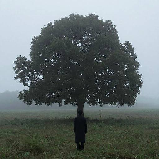 Solitary Figure Facing Large Tree in Fog