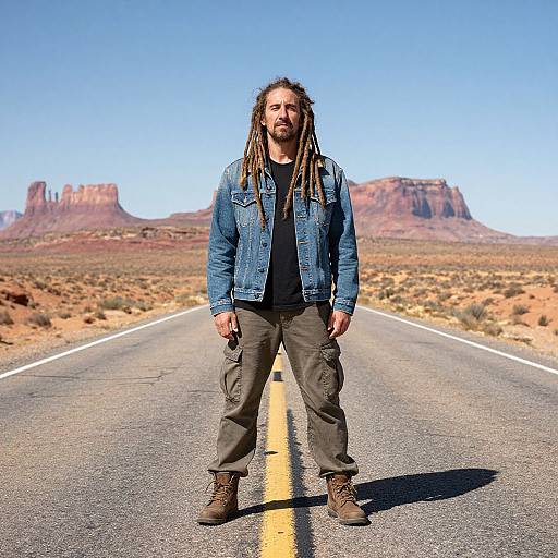 Photograph of a man with dreadlocks, wearing a denim jacket, black shirt, brown pants, and boots, standing on a desert road with mes