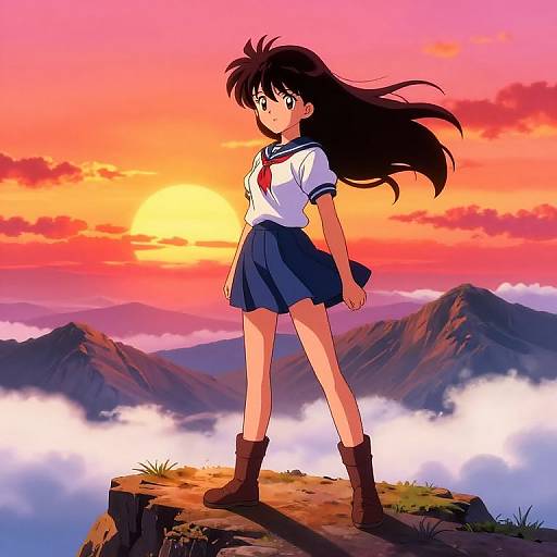 Anime-style drawing of a girl in a sailor school uniform with long black hair standing on a cliff at sunset, surrounded by mountains and clouds. Vibrant