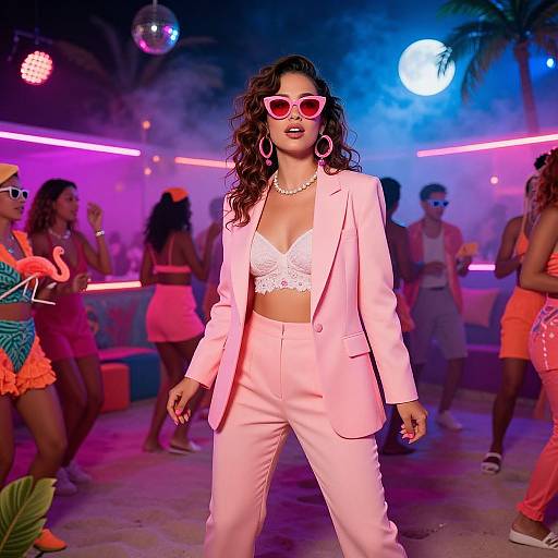 Photograph of a confident woman with curly hair, wearing pink heart-shaped sunglasses, pink blazer, white lace bra, and high-waisted pink