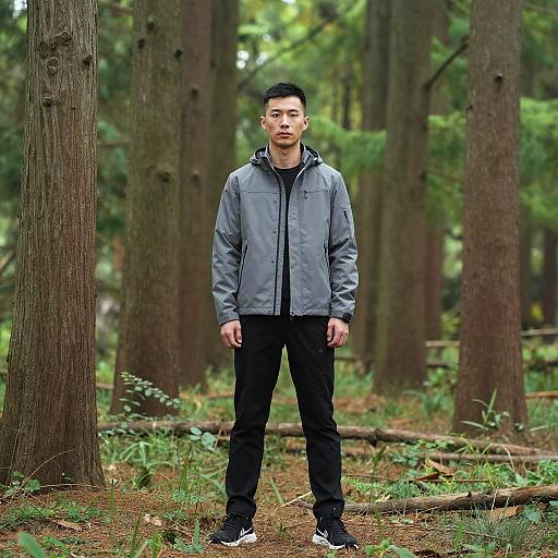 Photograph of an Asian man in a gray jacket and black pants standing in a dense forest, surrounded by tall trees and greenery.