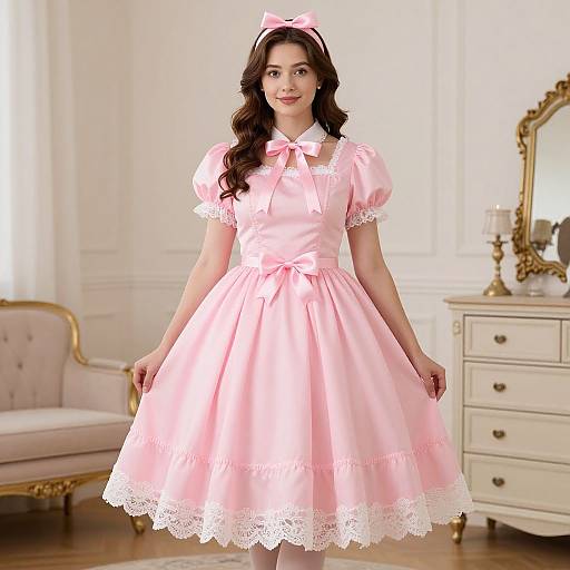 Photograph of a smiling woman with long brown hair, wearing a pink, lace-trimmed, puffy dress, and pink bow headband,