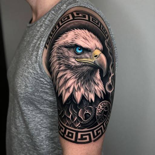 Photograph of a muscular male in a gray tank top showcasing a detailed, colorful eagle tattoo on his right shoulder. The tattoo features blue eyes, intricate