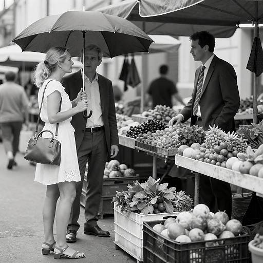 Black-and-White Street Market: Woman and Men