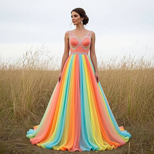 Photograph of a woman in a vibrant, rainbow-colored, floor-length gown with a sparkling, pink bodice, standing in a tall grass field.