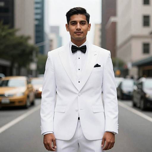 Photograph of a young man with medium brown skin, black hair, wearing a white tuxedo with black bow tie, standing in a blurred city