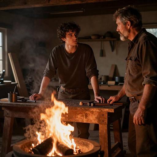 Rustic Forge: Young Apprentice and Mentor