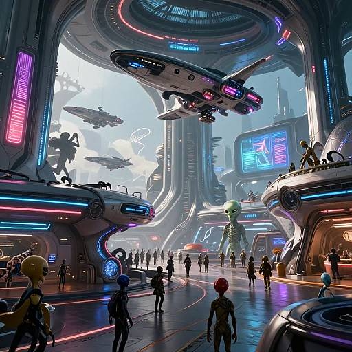 Digital art of a futuristic, neon-lit cityscape with flying saucers, diverse alien species, and humans in a bustling, sci-fi marketplace