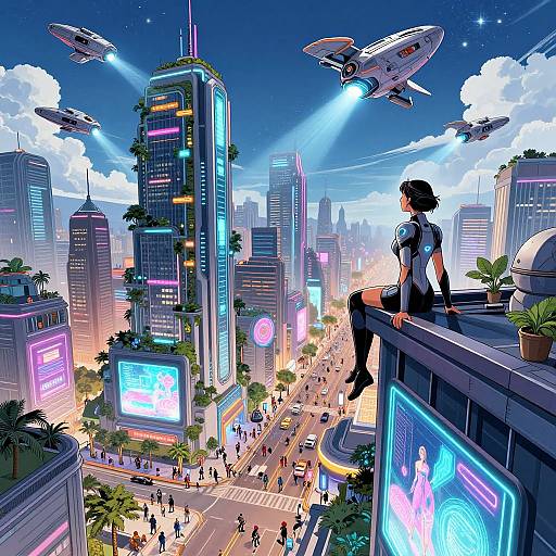 Digital anime-style cityscape: futuristic skyscrapers, neon lights, flying drones, crowded streets, potted plants, woman with black hair and thigh