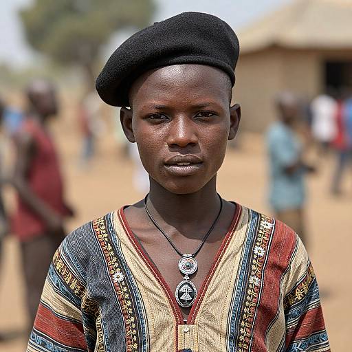 Photograph of a young African boy with dark skin, wearing a black beret and colorful, patterned shirt, with a silver pendant necklace, standing