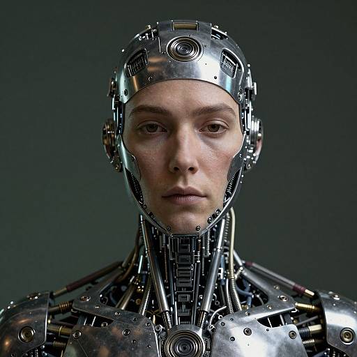 Photorealistic CGI of a human-like cyborg with a metallic, circuitry-adorned helmet, exposed neck joints, and reflective silver armor,