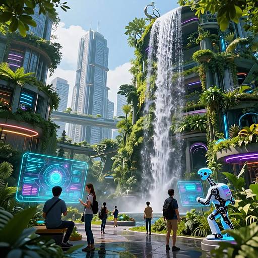 Digital CGI artwork of a futuristic cityscape featuring a waterfall, neon-lit holographic screens, robotic figure, and diverse people in casual attire amidst lush