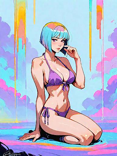 Digital Art of Woman in Neon Purple Bikini