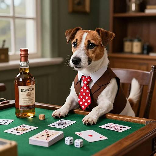 Photograph of a small, brown-and-white dog in a brown vest and red polka-dot tie, playing poker at a green-felt table with