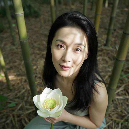 Photograph of an East Asian woman with long black hair, holding a white magnolia flower, standing among bamboo trees in a forest. Sunlight filters