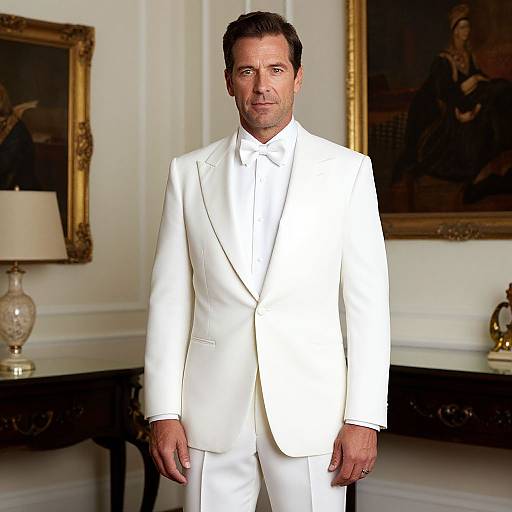 Photograph of a middle-aged man with short dark hair, wearing a white suit and bow tie, standing in an elegant room with classical paintings and a