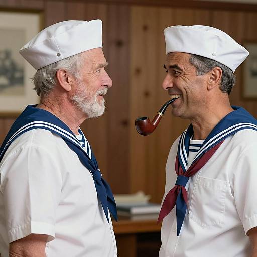 Two Middle-Aged Men in Sailor Uniforms Talking