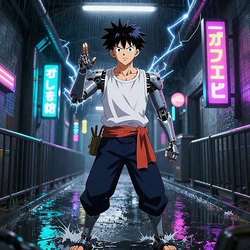 Cybernetic Street Preacher in Neon Flooded Tunnel