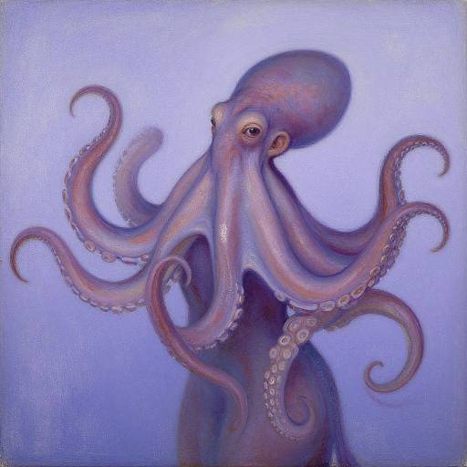 Digital painting of a detailed purple and pink octopus with large, expressive eyes and curling tentacles, set against a soft blue background. Realistic