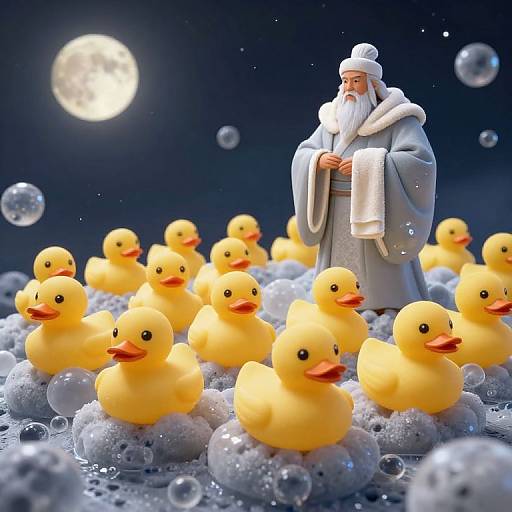 Photograph of a snowy night scene with Santa in a blue robe holding a towel, surrounded by yellow rubber ducks in foam bubbles, under a bright full