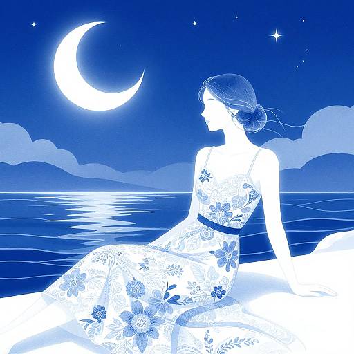 Digital illustration of a silhouetted woman in a floral dress, sitting by a moonlit ocean, with a crescent moon and stars in the
