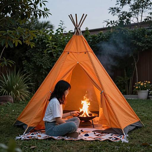 Photograph of a woman with long black hair, wearing a white shirt and blue jeans, sitting cross-legged by an orange camping tent with a small fire
