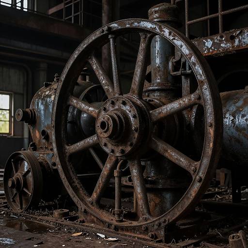 Rusty, weathered steam engine wheels in a dimly lit, abandoned industrial building, with visible grime and decay on metal surfaces. Photograph.