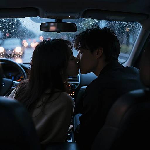 Photograph of a silhouetted couple kissing inside a rain-speckled car at night, with blurred city lights in the background.
