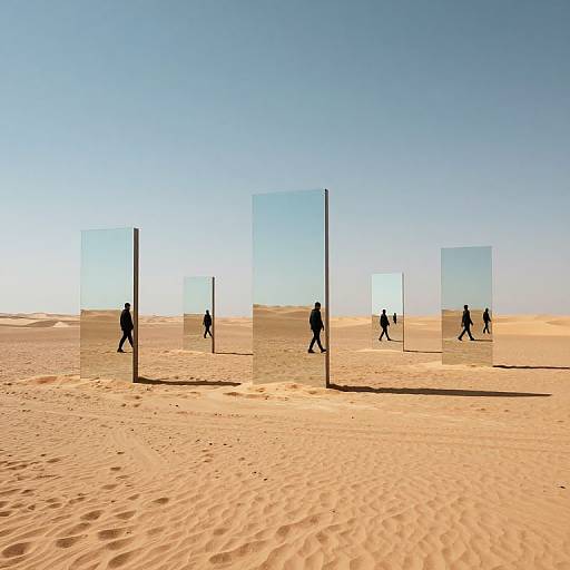 Digital artwork of six silhouetted figures walking through transparent glass panels in a vast, sunlit desert under a clear blue sky.