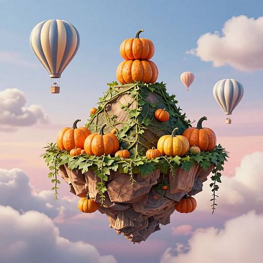 Fantastical CGI: floating rock with pumpkins and vines, surrounded by three striped hot air balloons, against a pink and blue sky.