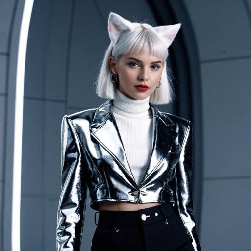 Fashion Model in Futuristic Metallic Blazer with Cat Ears