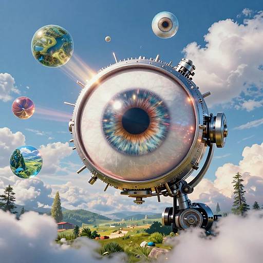 Photorealistic CGI: Giant, mechanical eye with iris centered in a vibrant, cloud-filled sky, surrounded by floating planets and a distant rural landscape.