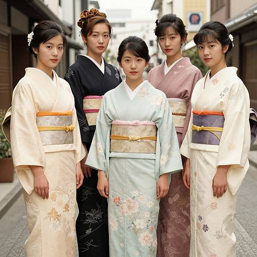 Photograph of five Asian women in traditional kimonos, standing in a narrow urban alley, wearing floral hairpieces, and colorful obis.