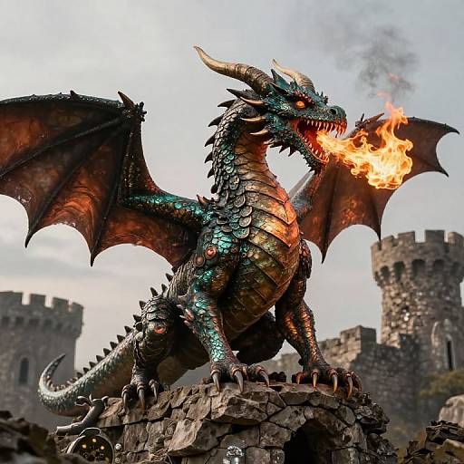 Photorealistic CGI of a fierce, green-scaled dragon with orange belly, roaring flames, black wings, and sharp horns, perched on a